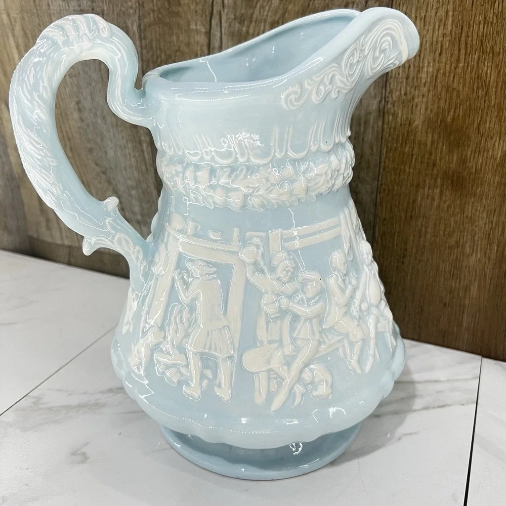 Antique Ridgway Staffordshire Tam O Shanter Lg Pitcher Jug Relief Light Blue 10
